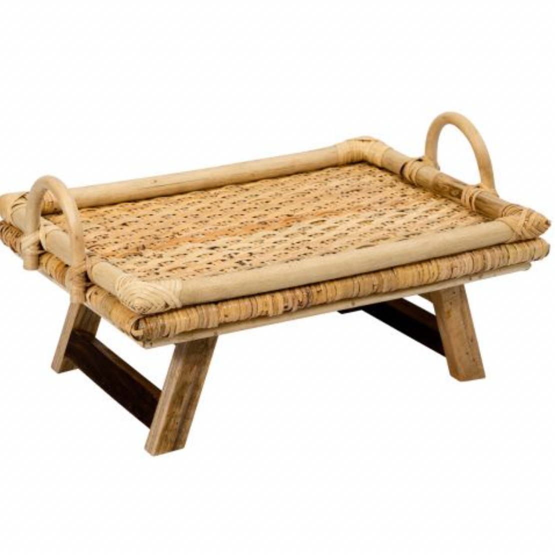 Soassy Rattan Breakfast Tray With Folding Teak Legs - Natural - Daisy Grace Lifestyle