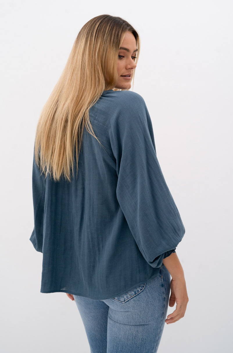 Chi Chi L/s Blouse - Steel Blue