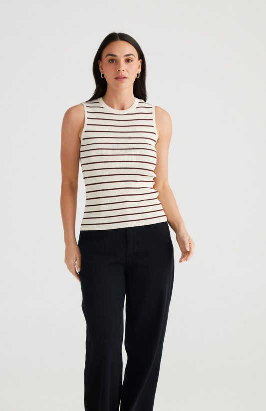 Tori Thin Stripe Tank - Cream w/ Cocoa Stripe